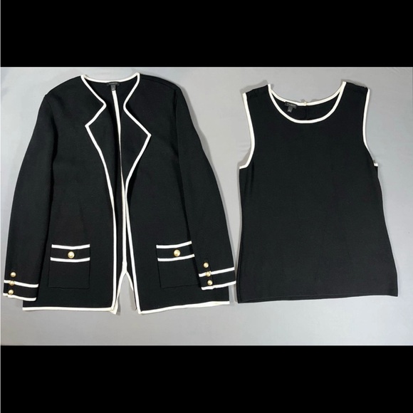 Talbots‎ Womens Open Front Cardigan Sweater Blazer Black Ivory 2 Piece Set Large - Picture 2 of 16